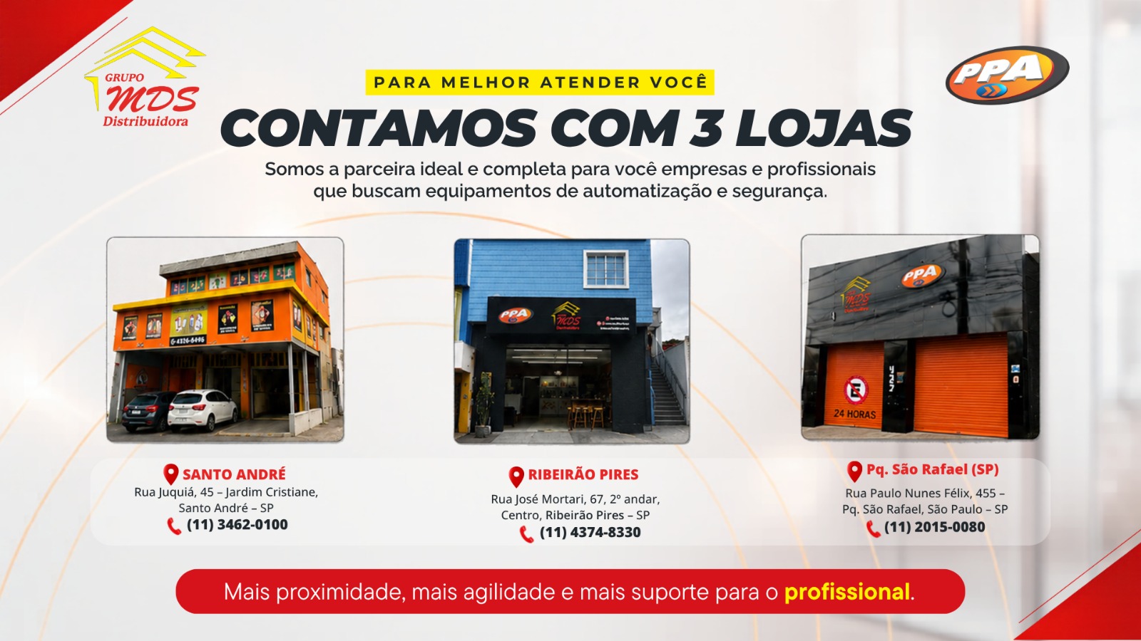 Grupo MDS Distribuidora: 3 lojas — Santo André, Ribeirão Pires e Pq. São Rafael, com endereços e telefones